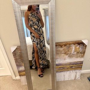 Brown, White, And Black Snake Pattern maxi Fitted Dress With Two Slits